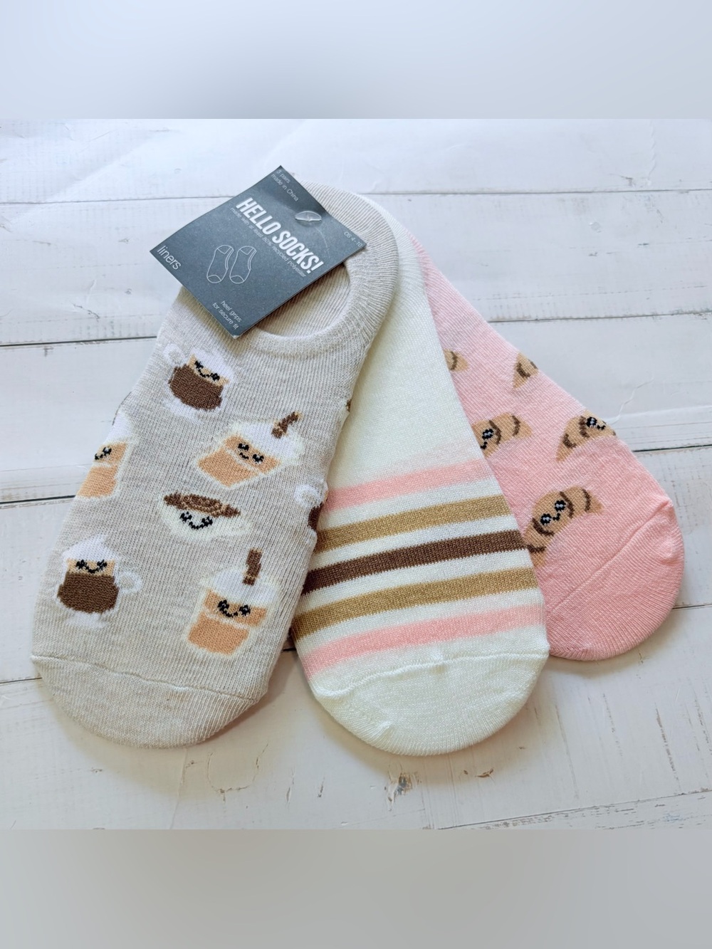 Hello Socks! Set of 3 Liners Coffee,Croissants Stripes NWT